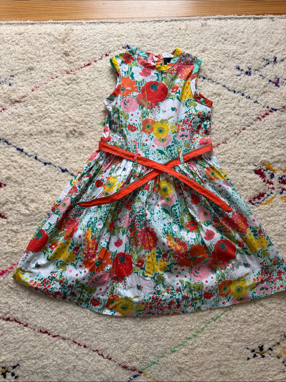 Girls Floral Cotton Dress with Bright Orange Accents